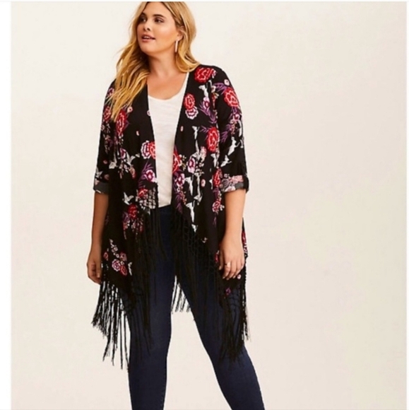 Torrid Floral & Crane Print Crepe Fringe Kimono 3X - Picture 2 of 13